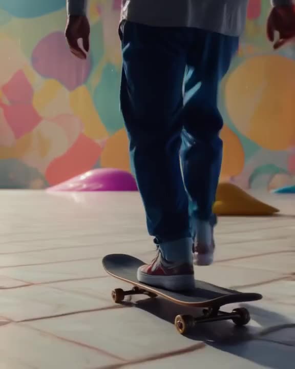 A skateboarder skates on a surface made of floating piano keys. Each key plays a cheerful…