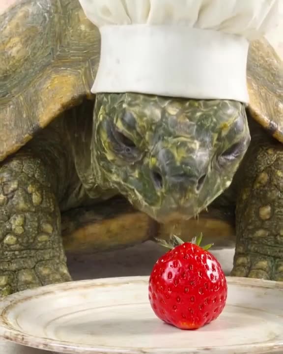 Tortoise wearing a chef’s hat carefully plates a single strawberry on a plate. It adds a …