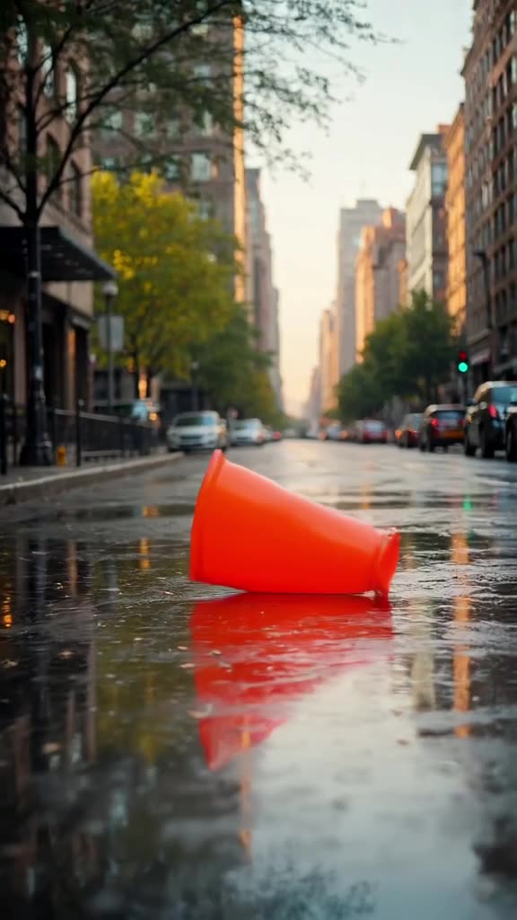 A bright orange traffic cone wobbles precariously on a wet city street during golden hour…