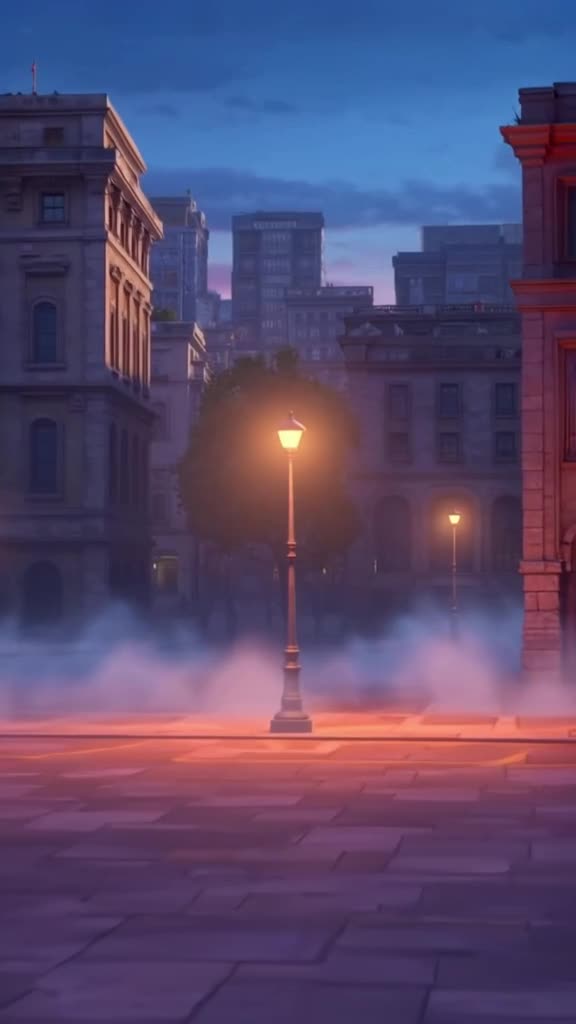 Cinematic 3D. A lone streetlamp flickers on in an empty city square at dawn. Mist curls a…