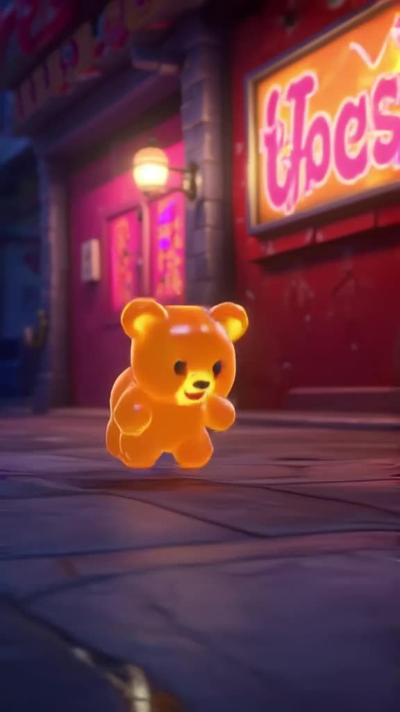 A vending machine coughs, then spits out a single, glowing gummy bear that bounces happil…