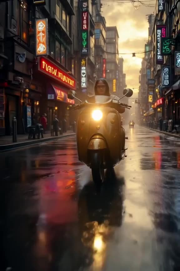 A vintage Vespa drives down a rain-slicked neon Tokyo street at night. The headlight beam…