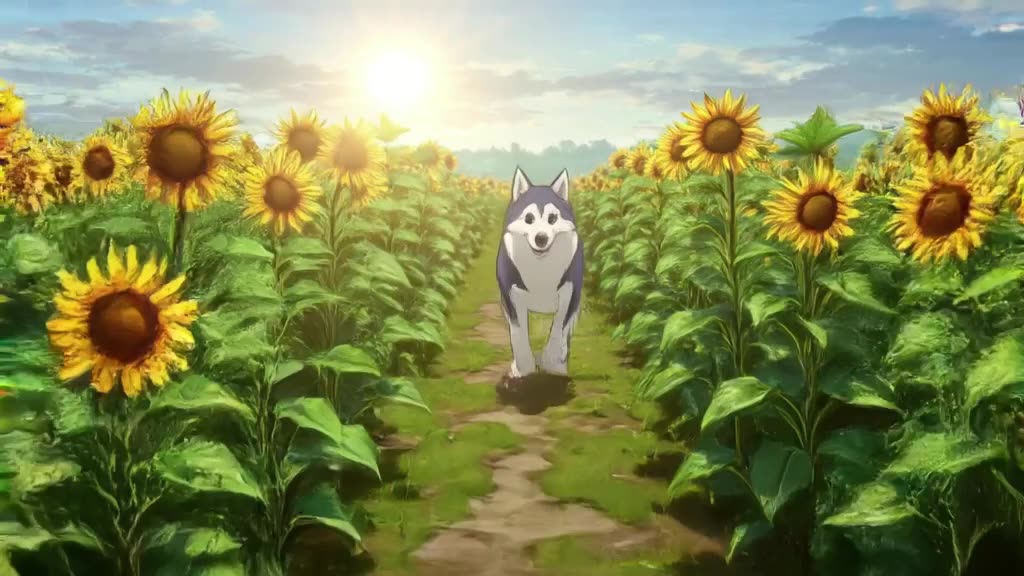 Anime style with vibrant colors. A energetic husky runs through a field of sunflowers. Su…