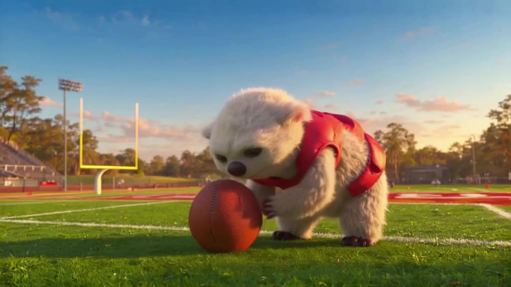 A fluffy sloth wearing tiny red football pads stands on a glossy green field at golden ho…