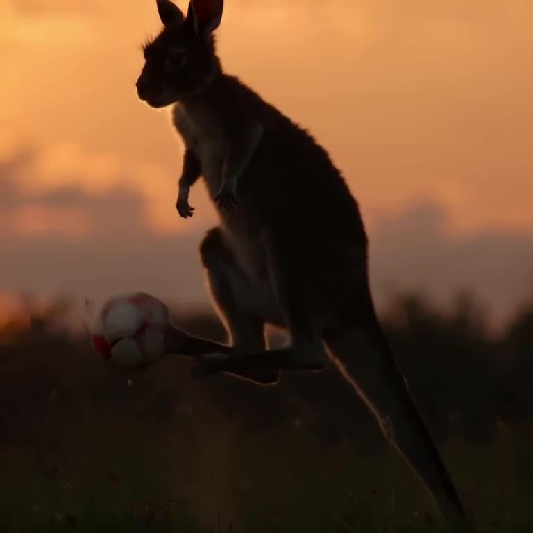 A baby kangaroo kicks a soccer ball with its powerful hind legs, jumping high into the ai…