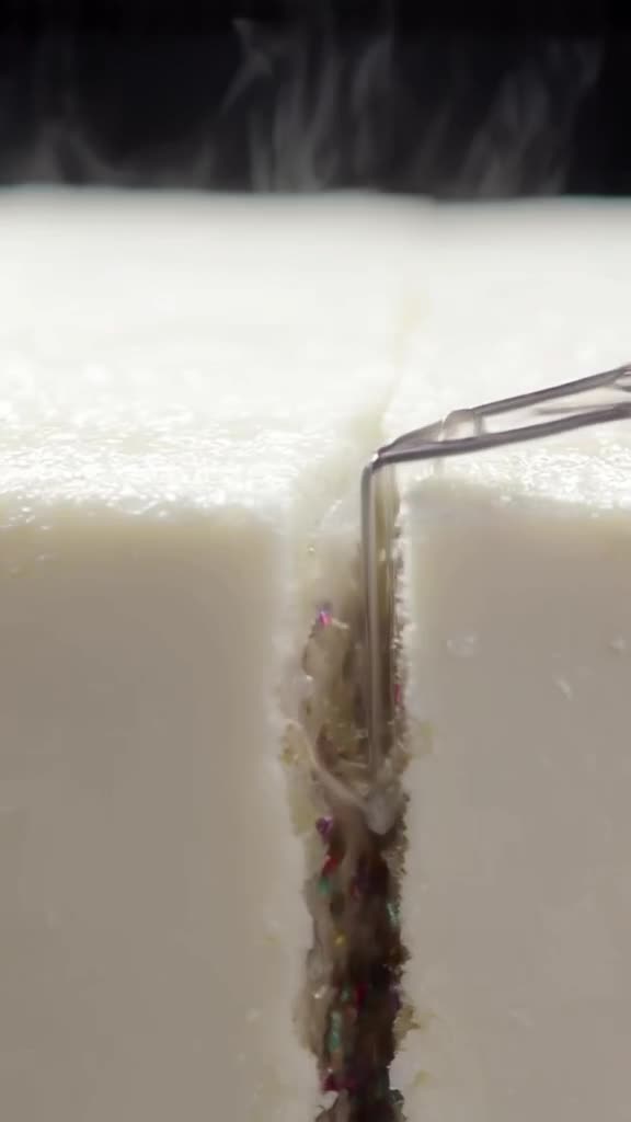A pristine white cake is sliced by a hot wire cutter, revealing layers of sparkling, colo…