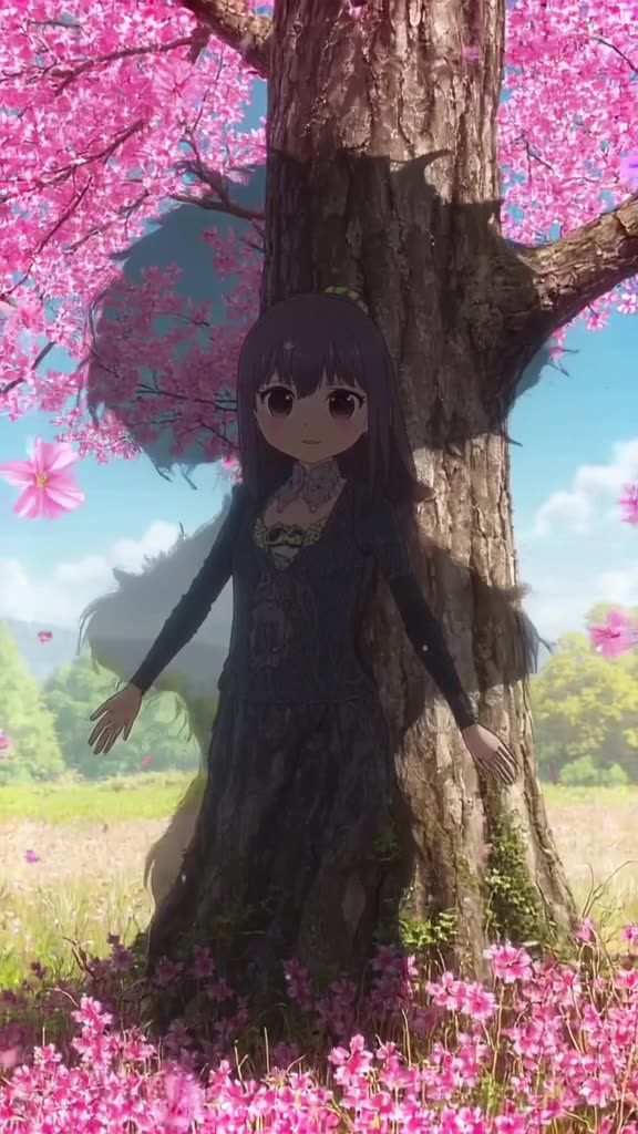 Anime style: A shy superheroess hides behind a tree, but her shadow grows giant and waves…