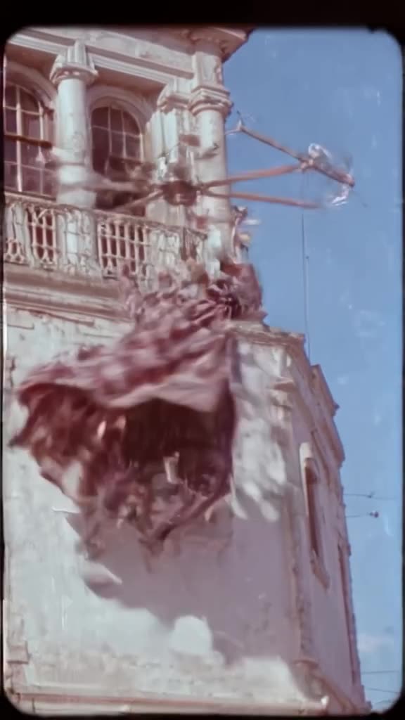 Vintage VHS filter: A retro superhero in a plaid suit leaps from a building, but his cape…