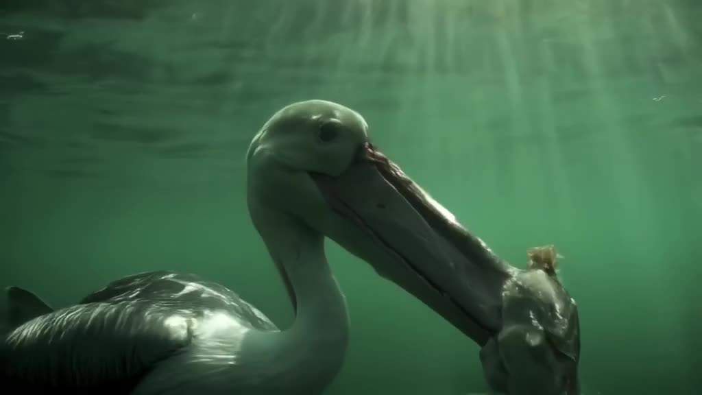 POV: A pelican’s giant beak snapping shut around a fish underwater. Murky green water wit…