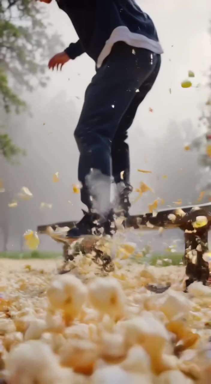 A skateboarder rides through a sudden snowfall of fluffy popcorn kernels. The board crunc…