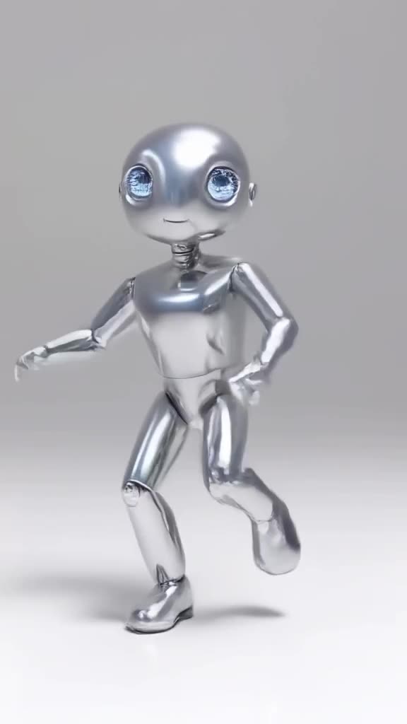 A sleek, silver metallic robot with expressive LED eyes performs a fluid wave dance in a …