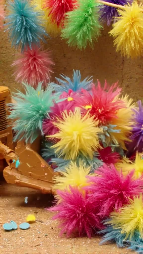 A bulldozer pushes a pile of colorful pom-poms that explode into confetti when hit. Festi…