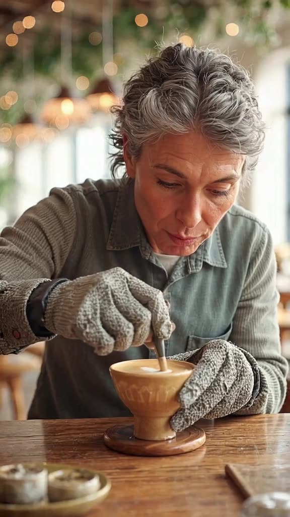 A robot dressed as a barista pours latte art into a cup. The milk foam forms a perfect he…