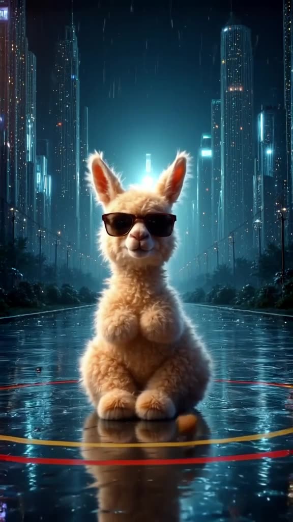 A baby alpaca wearing sunglasses sits on the court with arms crossed, watching a game. Dr…