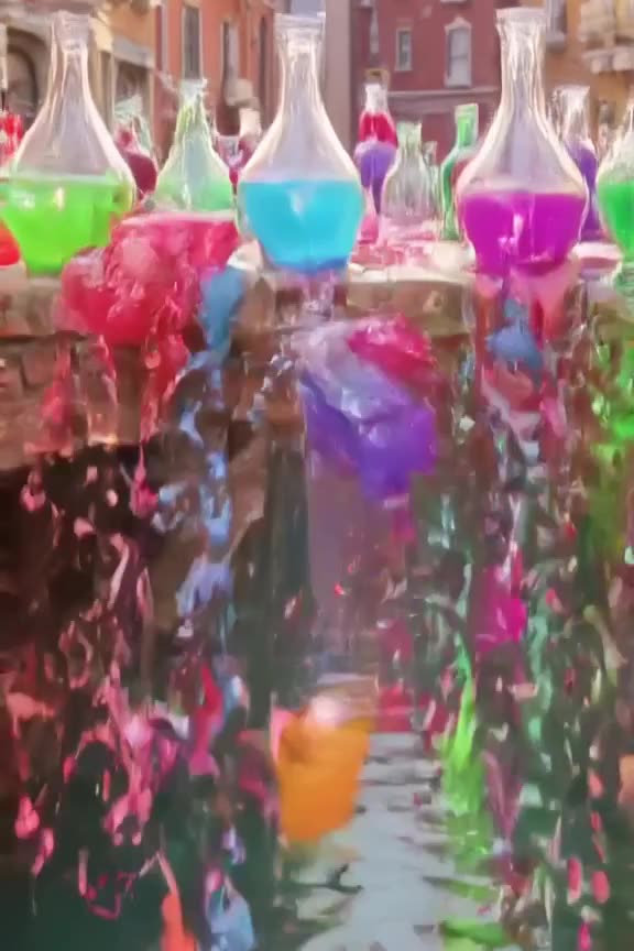 A domino effect of miniature glass bottles filled with colorful liquids falls across a ca…