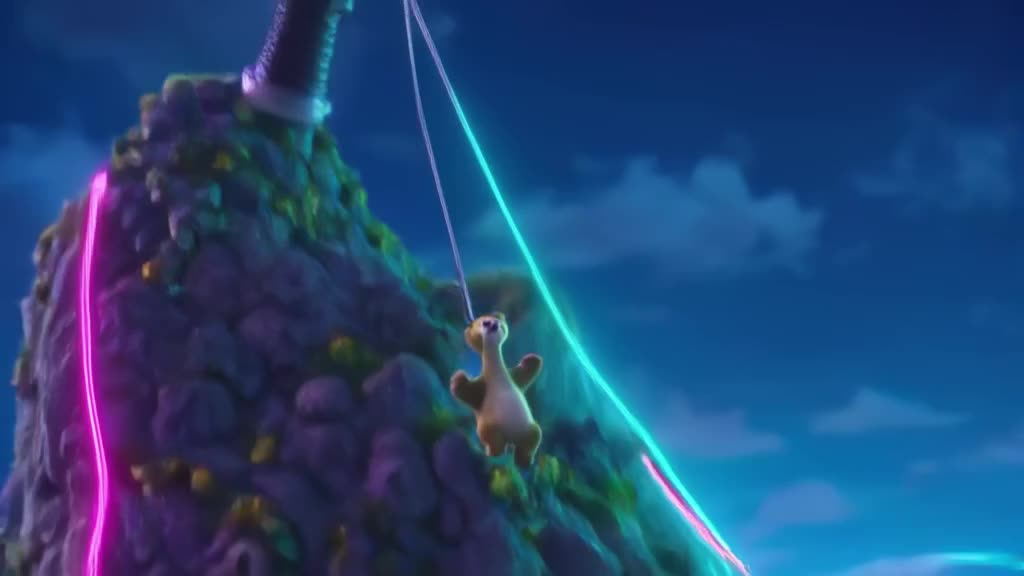 A sloth hangs from a giant headphone jack plugged into a mountain, sliding down the cord …