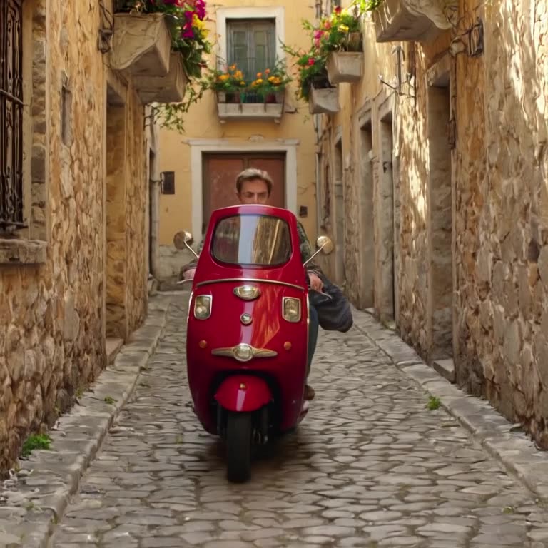 A retro red Vespa scooter zooms through a narrow Italian cobblestone alleyway, flowers bl…