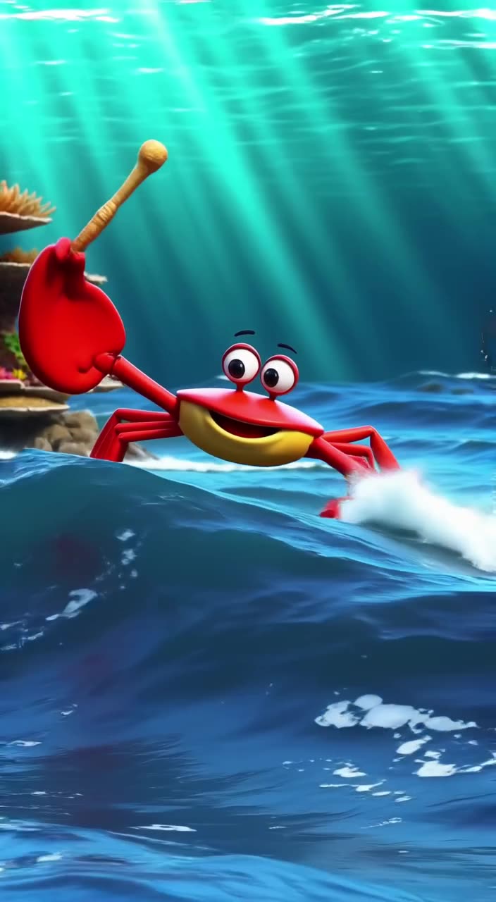 Deep blue ocean waves crash against a coral reef. A giant, friendly crab taps the waves w…