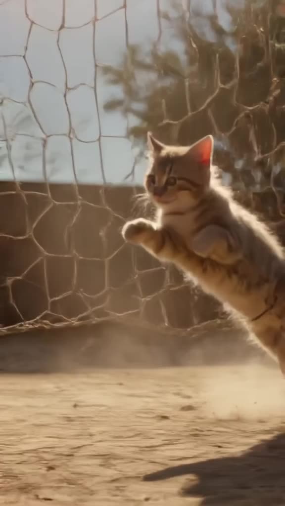 A dramatic slow-motion shot of a kitten leaping for a layup in a sun-drenched court. Dust…