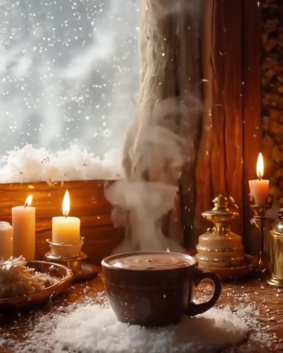 A snowstorm outside a window, but inside, snowflakes made of sugar snow are being stirred…