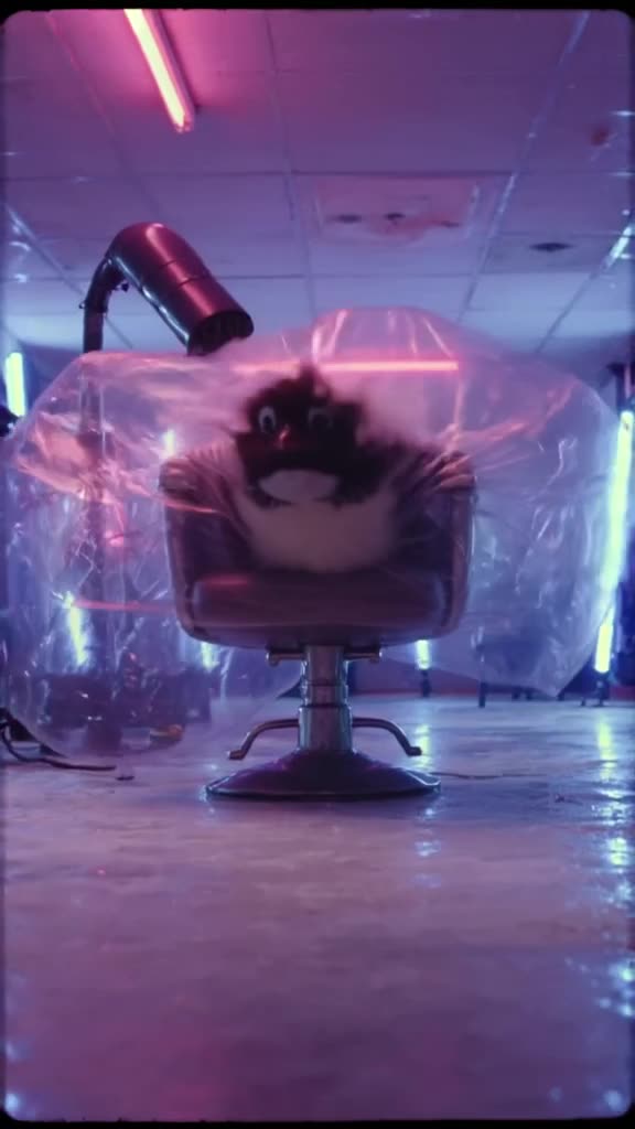 A baby penguin waddles through a salon chair, wearing a plastic cape. A hairdryer blasts …