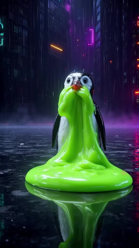 Neon green slime drips from a tiny rubber penguin’s beak onto a mirror floor, forming a p…
