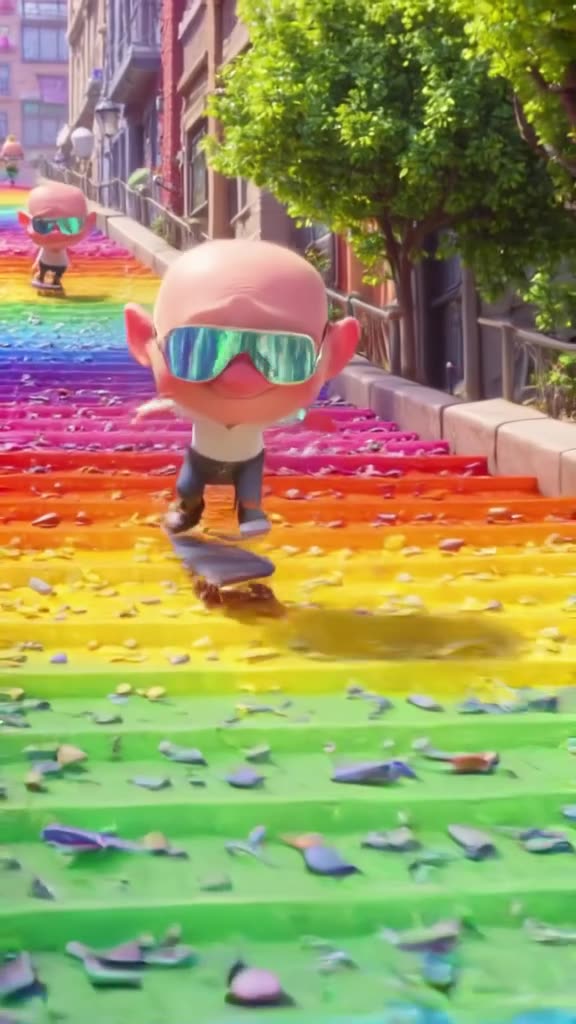 A grandpa wearing mirrored sunglasses skateboards down a steep, rainbow-painted urban sta…