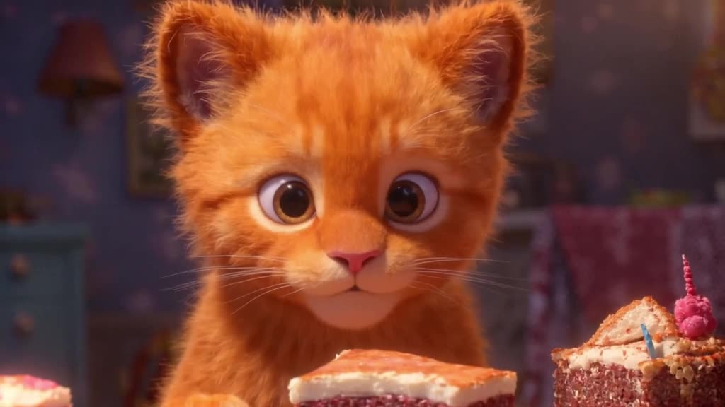 A fluffy orange kitten sits before a slice of cake. Close-up on its face, eyes wide with …