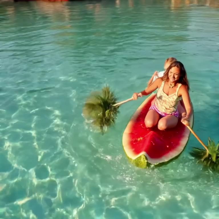 A miniature couple rides a slice of watermelon like a raft down a shimmering lagoon. They…