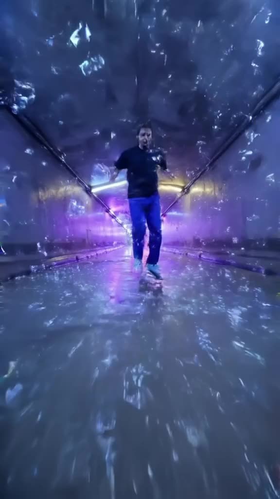 A skateboarder rides through a tunnel of floating soap bubbles. When the board hits a bub…