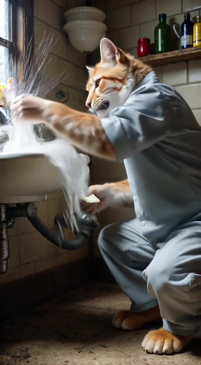 A lynx in a plumber’s outfit tries to fix a pipe under a sink. Water bursts out, spraying…