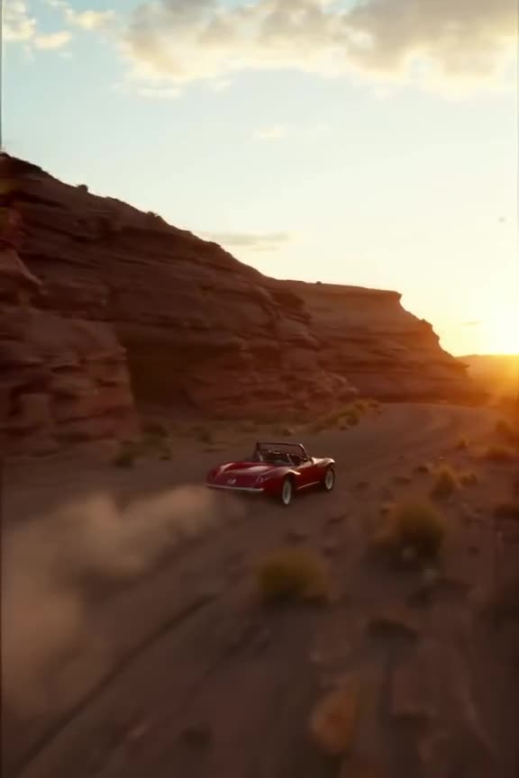A vintage red convertible races through a desert canyon at sunset, kicking up dust clouds…