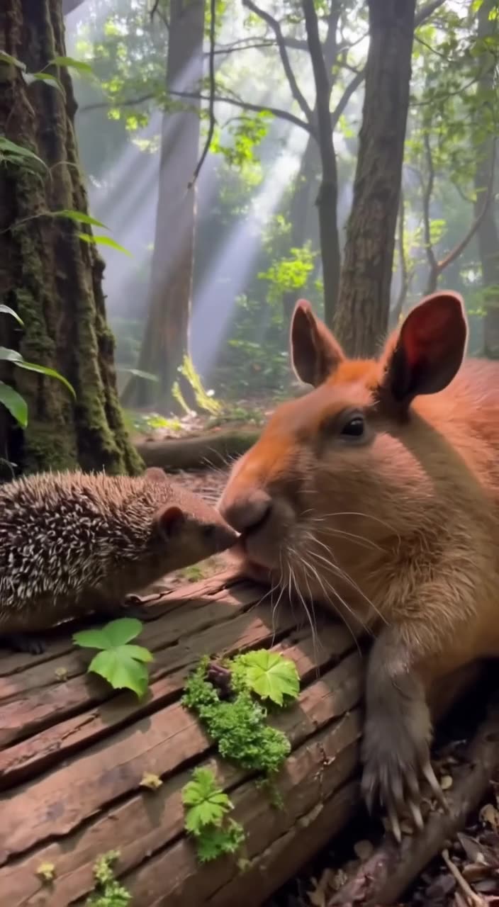 A small hedgehog curiously sniffing the ear of a relaxed capybara on a mossy log in a mis…