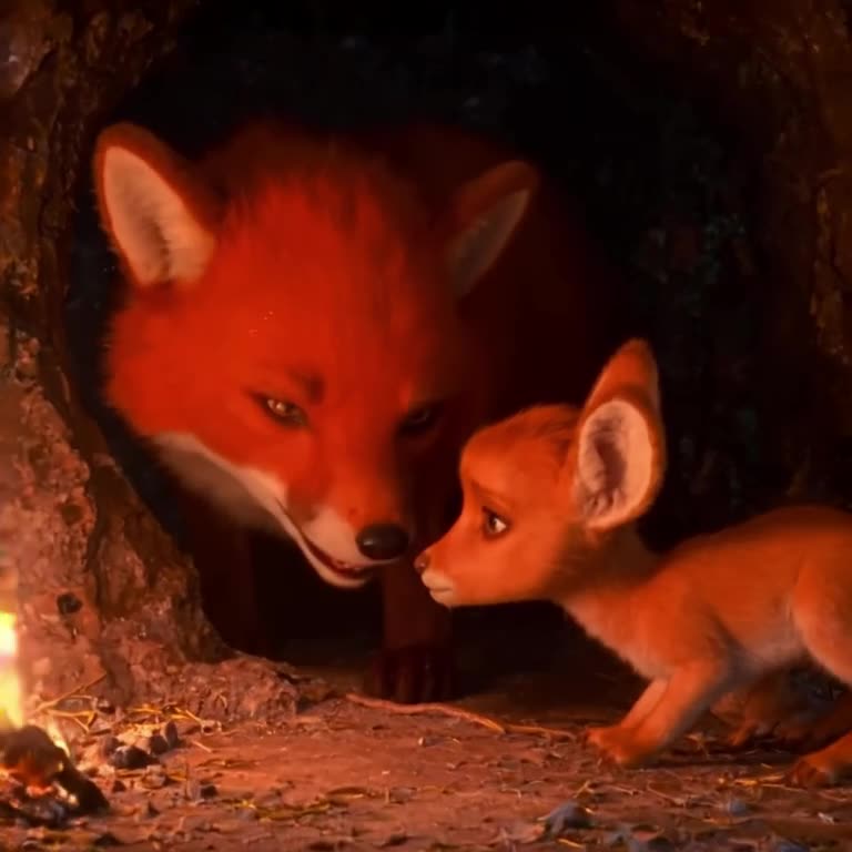 A majestic red fox sharing its den with a timid fawn. Warm firelight flickers from a near…