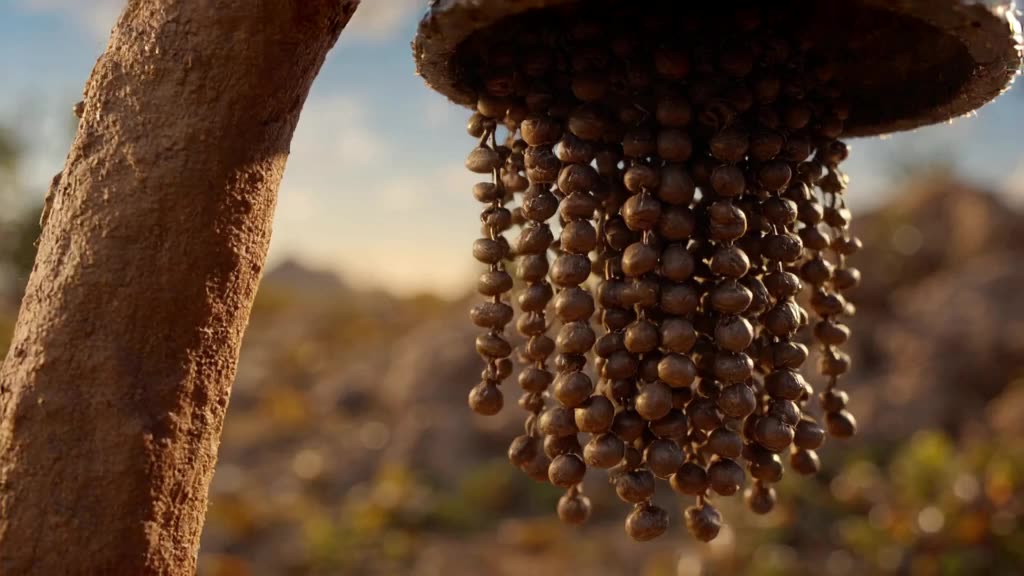 A chain of hanging coffee beans swings and knocks into a metal bell. Each bell rings with…