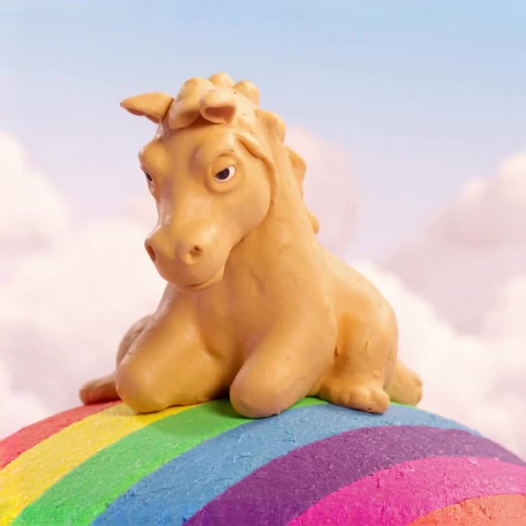 A horse sculpted from bright clay sits on a rainbow-colored hill, its face melting slight…
