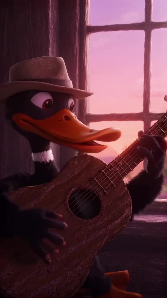 A duck wearing a fedora strums a guitar made of driftwood. The lighting is soft pink and …