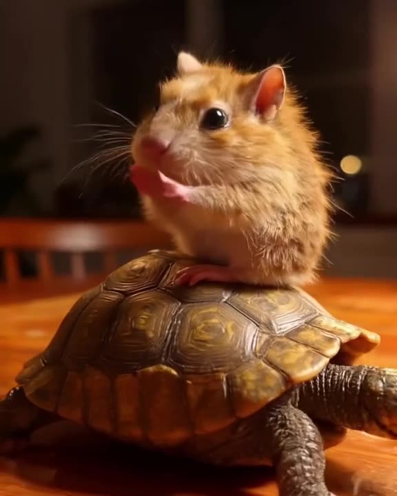 A tiny hamster riding on the back of a calm tortoise across a wooden table. Warm tungsten…