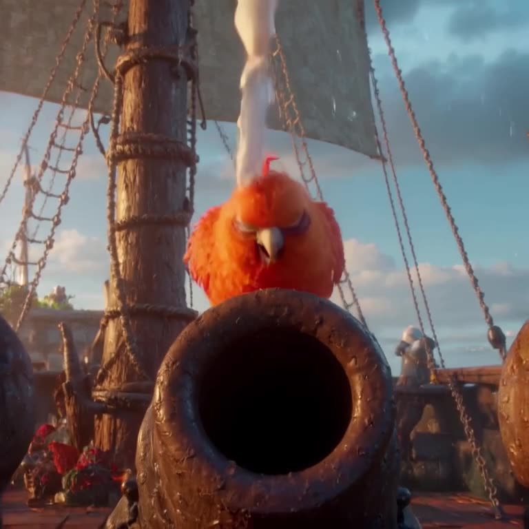 Close-up of a pirate’s parrot perched on a cannon barrel. Rain begins to fall, but it’s n…