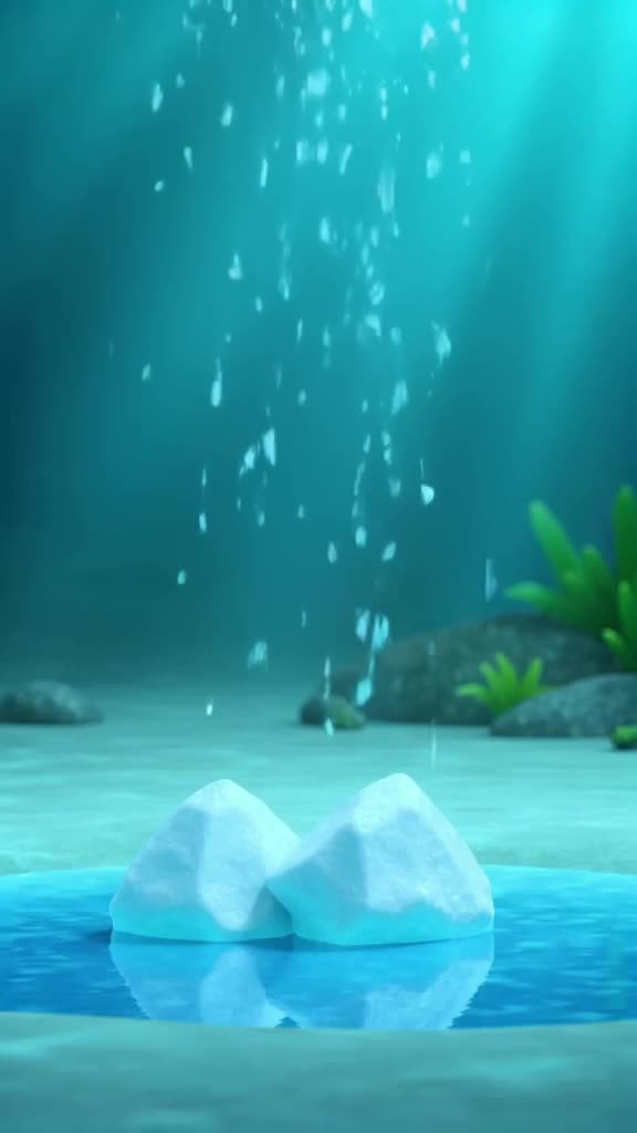 A domino effect of small toy icebergs falls into a shallow blue pool. Splash water drople…