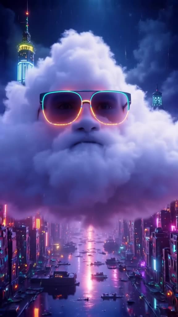 A fluffy cloud wears oversized sunglasses and floats lazily over a neon-lit cyberpunk cit…
