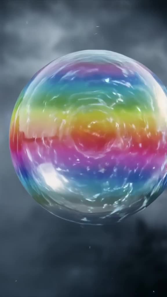 A transparent soap bubble floats through a storm. Inside the bubble, a miniature lightnin…