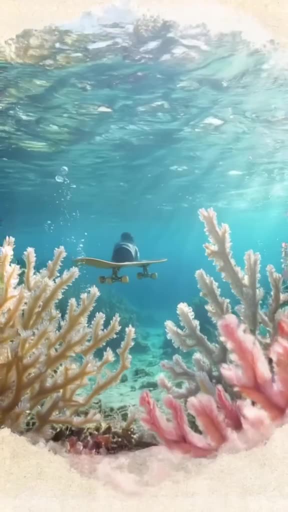 Underwater scene where a skateboard floats through coral reefs made of sugar glass. Bubbl…