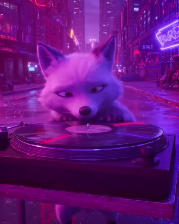 An arctic fox in a DJ booth tries to scratch a vinyl record. The record skips wildly, cau…