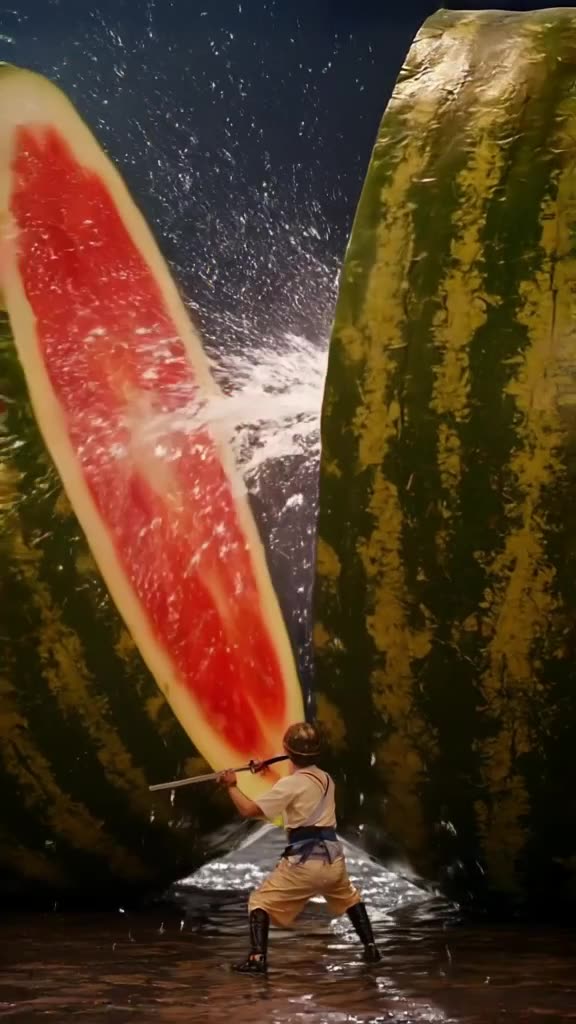 A giant watermelon is sliced open by a tiny ninja with a katana. Juice sprays out in slow…