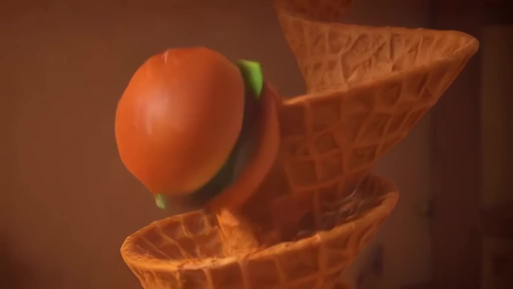 A burger slides down a spiral slide made of waffle cones into a bowl of vanilla ice cream…