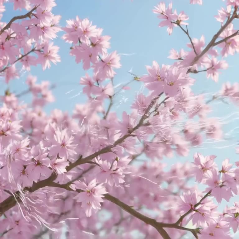 A delicate glass bird perches on a branch of a cherry blossom tree. As the wind blows, th…