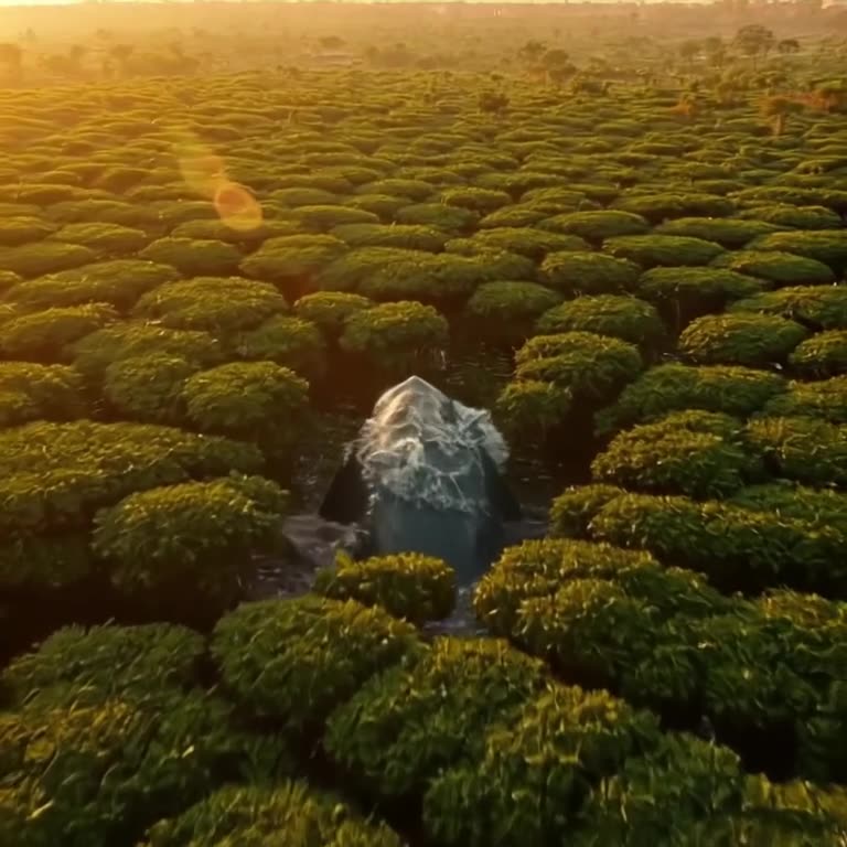 A drone shot flies over a massive, living tea plantation where the rows of bushes are act…