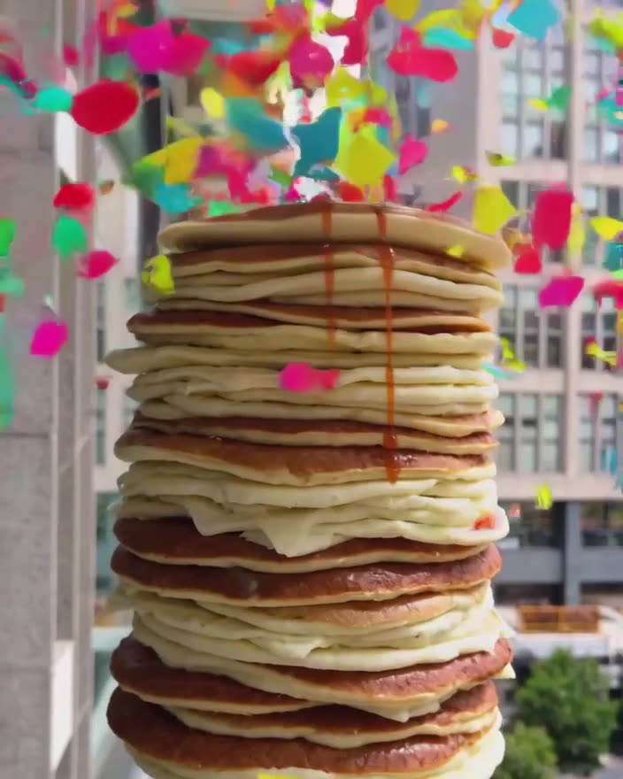 A stack of pancakes on a city balcony rises, but instead of syrup, colorful confetti expl…