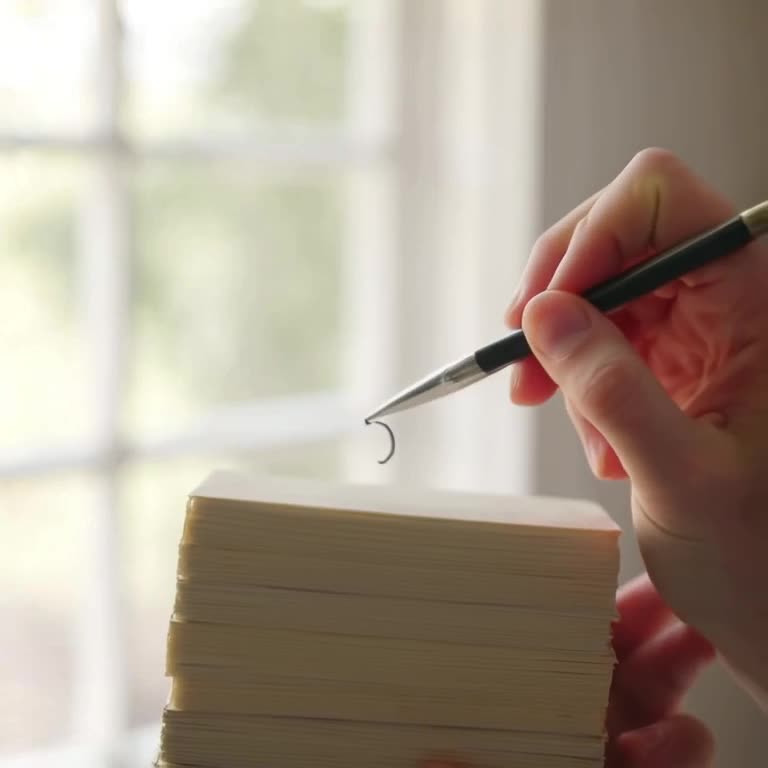 Photorealistic hand holding a brush, but the hand is made of stacked books. The brush wri…